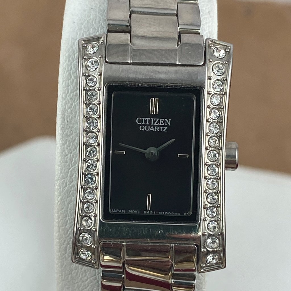 Citizen Watch Fancy Silver Tone Black Face With Crystal Bezel